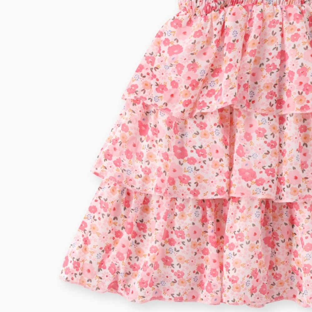 Toddler Girl Sweet Floral Print Smocked Ruffled Sleeveless Dress - Picture 3 of 5